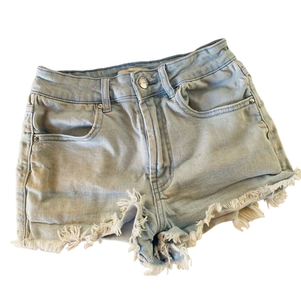 FOREVER 21 F21 Blue White Wash Distress Cut Off Denim Jean Mini Frayed Shorts 24